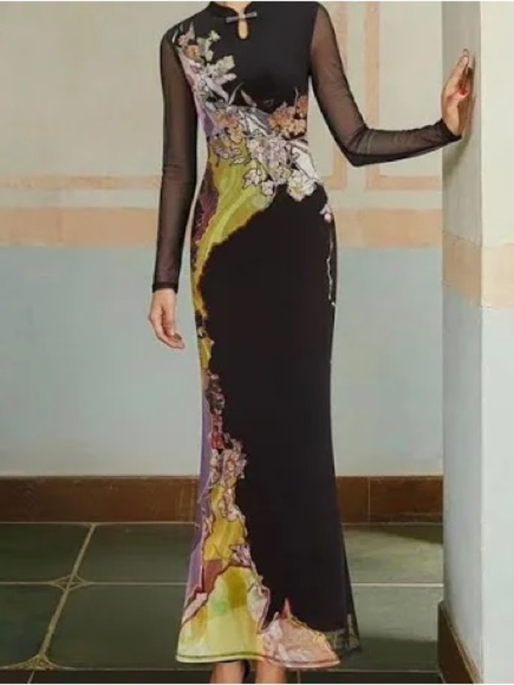 Commense Black Maxi Dress with Yellow & Purple Floral Accents